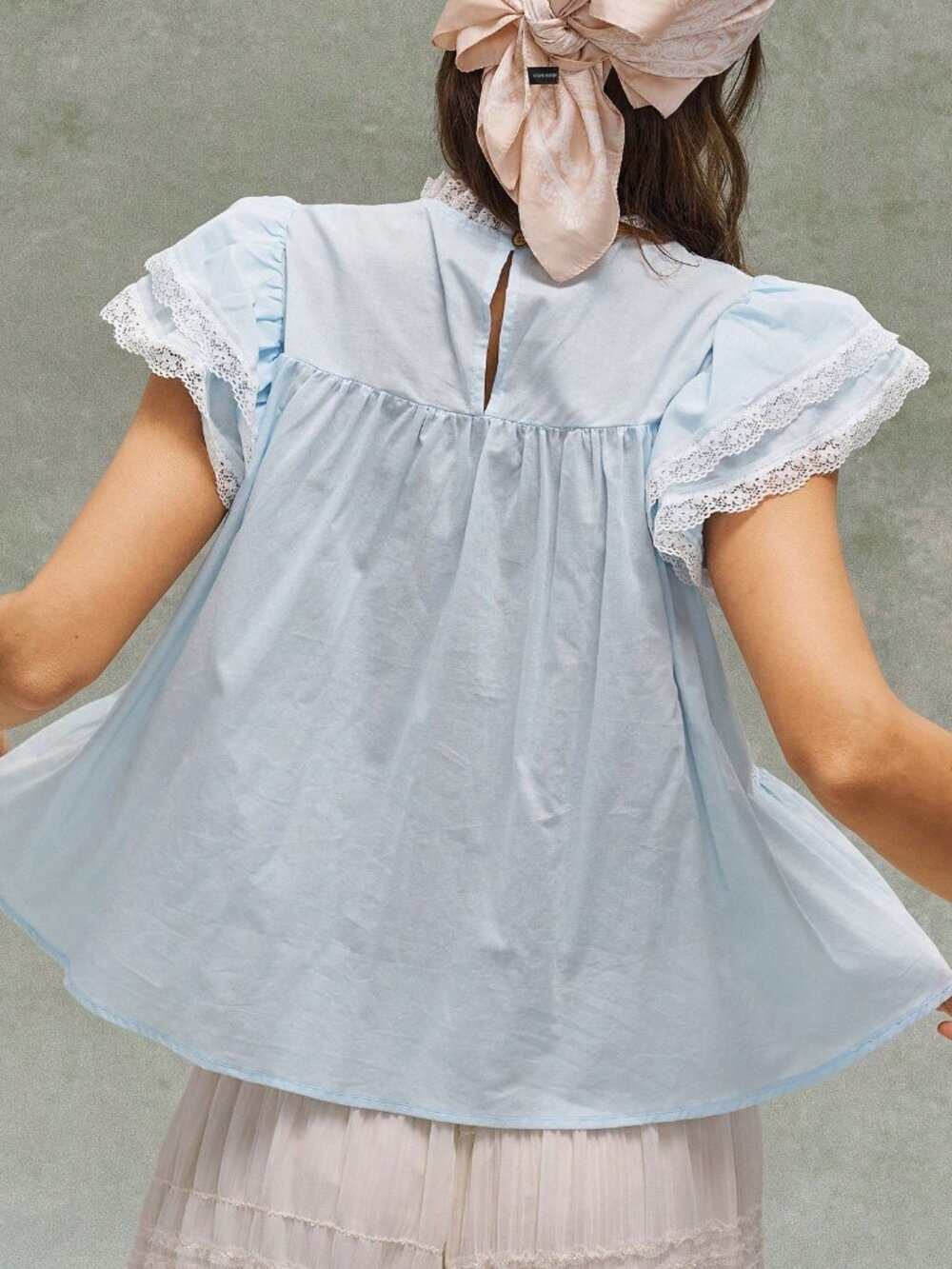 Blue Cottagecore Boho Women's Embroidered Ruffled Patchwork Blouse - Picture 2 of 8